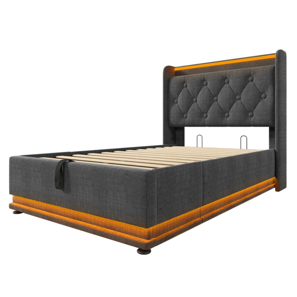 Letto singolo imbottito 90x200 cm grigio con LED 360°, USB e Type-C, letto contenitore idraulico