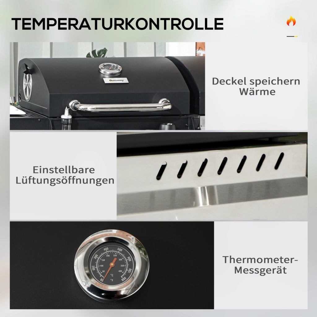 Grill a gas BBQ con termometro e piastre di mantenimento caldo ¨C zephmum ¨C 161x54x103 cm, nero e argento