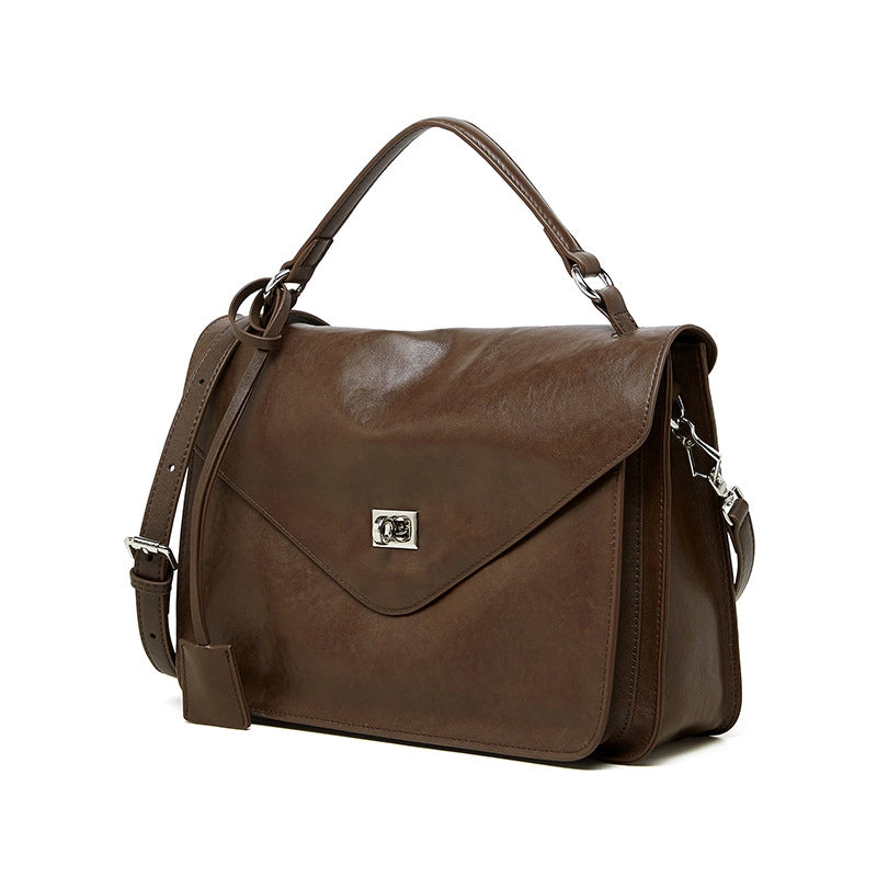 Borsa a mano media da donna in vera pelle, marrone.