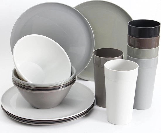 Set di Servizio in Plastica - 18 Pezzi di Cucina e Tavola - Grande Ciotola 1000ML Piatti 25CM Bicchieri 600ML
