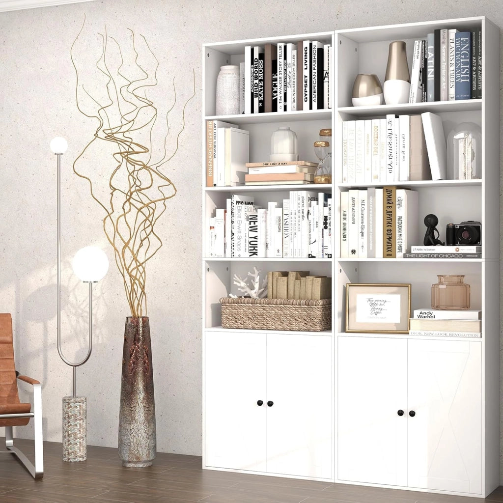 Libreria con 6 Ripiani e 2 Ante, Scaffale in Legno, con 1 Ripiano Regolabile in Altezza, Credenza Espositore, Ideale per Soggiorno e Ufficio, Mensola Portaoggetti Multiusi