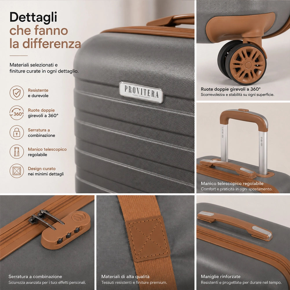Set 6 Pezzi Valigie Rigide Family in ABS Beauty Case Grigio e Marrone 55/66/75cm