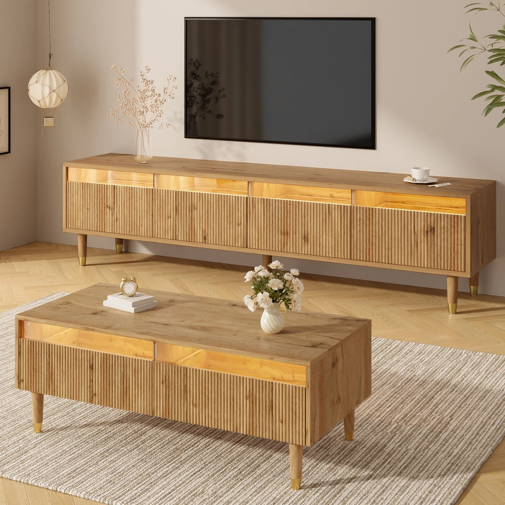 OKWISH Set di 2 Mobili da Soggiorno con Mobile TV e Tavolino con LED, 4 Ante e 2 Cassetti, MDF Legno