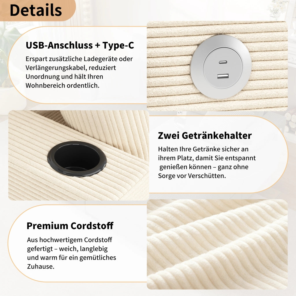 Divano Letto 2 Posti con Supporto Girevole per Smartphone USB e Porta Bicchieri in Velluto a Coste Beige