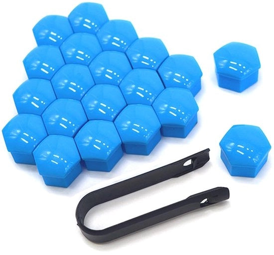 Copricapo per ruote 21 mm - 20 pezzi - Inclusa chiave di svincolo - Cinghia universale - Materiale plastico - Leggero - Copricapo per ruote