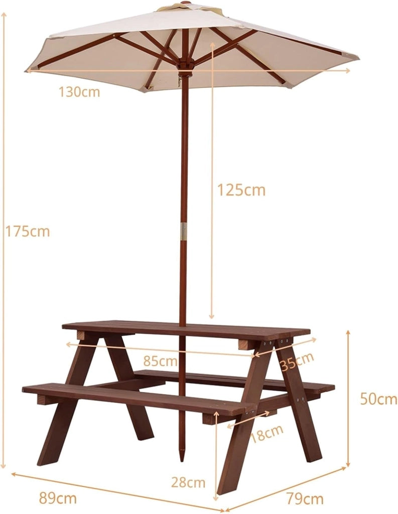 Tavolo da Picnic per Bambini con Parasole Pieghevole, Set di Tavolo e Panche per Giardino con Ombrellone Rimovibile, Panche in Legno, per Giardino, Cortile, Prato