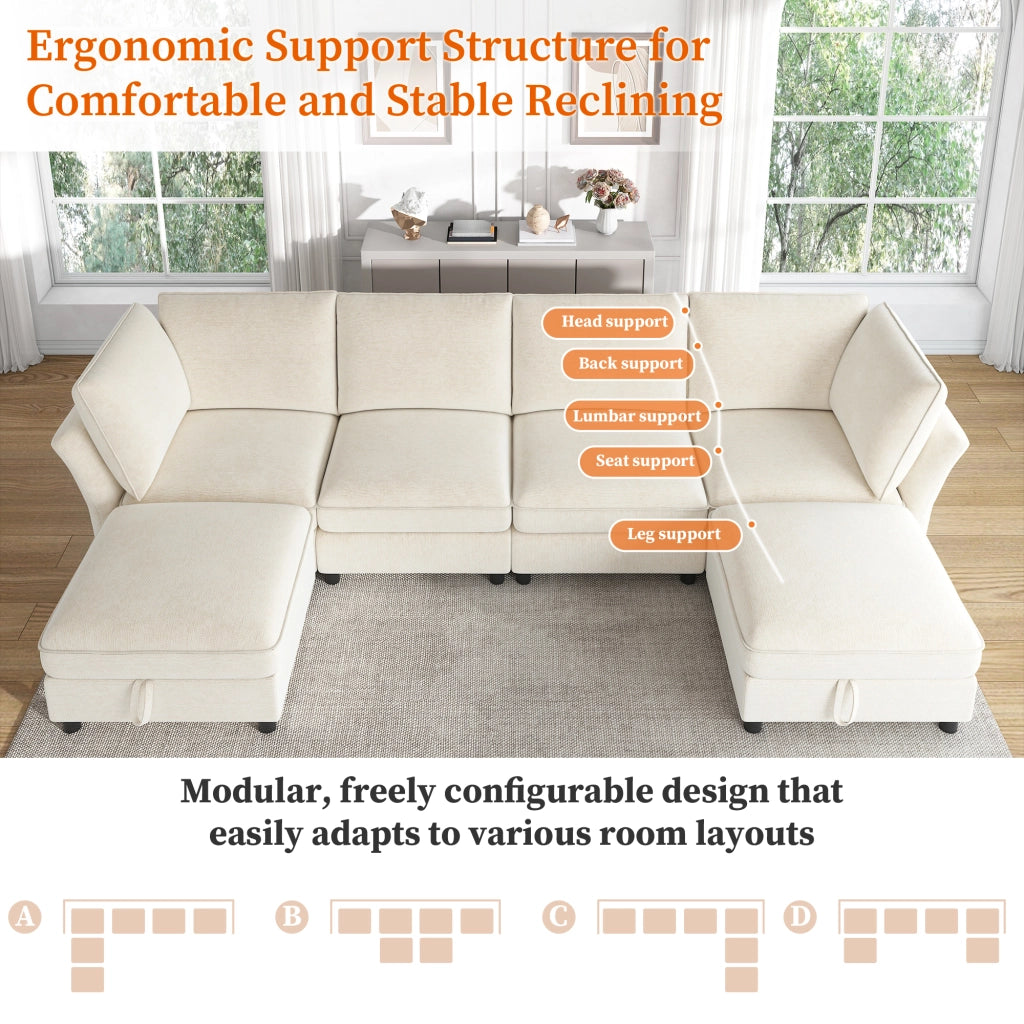 Divano angolare modulare a U con spazio contenitore e cuscini per 6-7 persone, in ciniglia beige, 289 × 137 × 84 cm