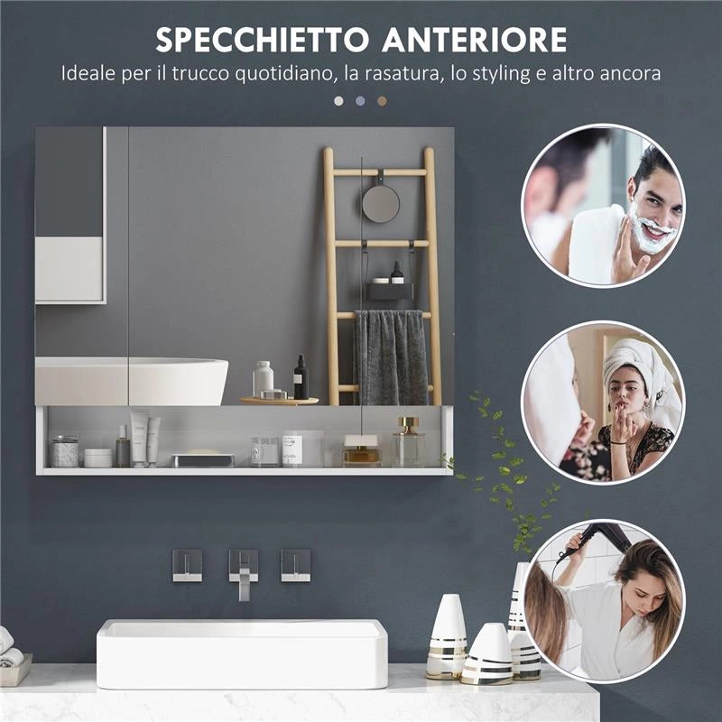 SPECCHIERA BAGNO CON ARMADIETTO 3 ANTE SOFT CLOSE E RIPIANI REGOLABILI, 90X15X75 CM, BIANCO