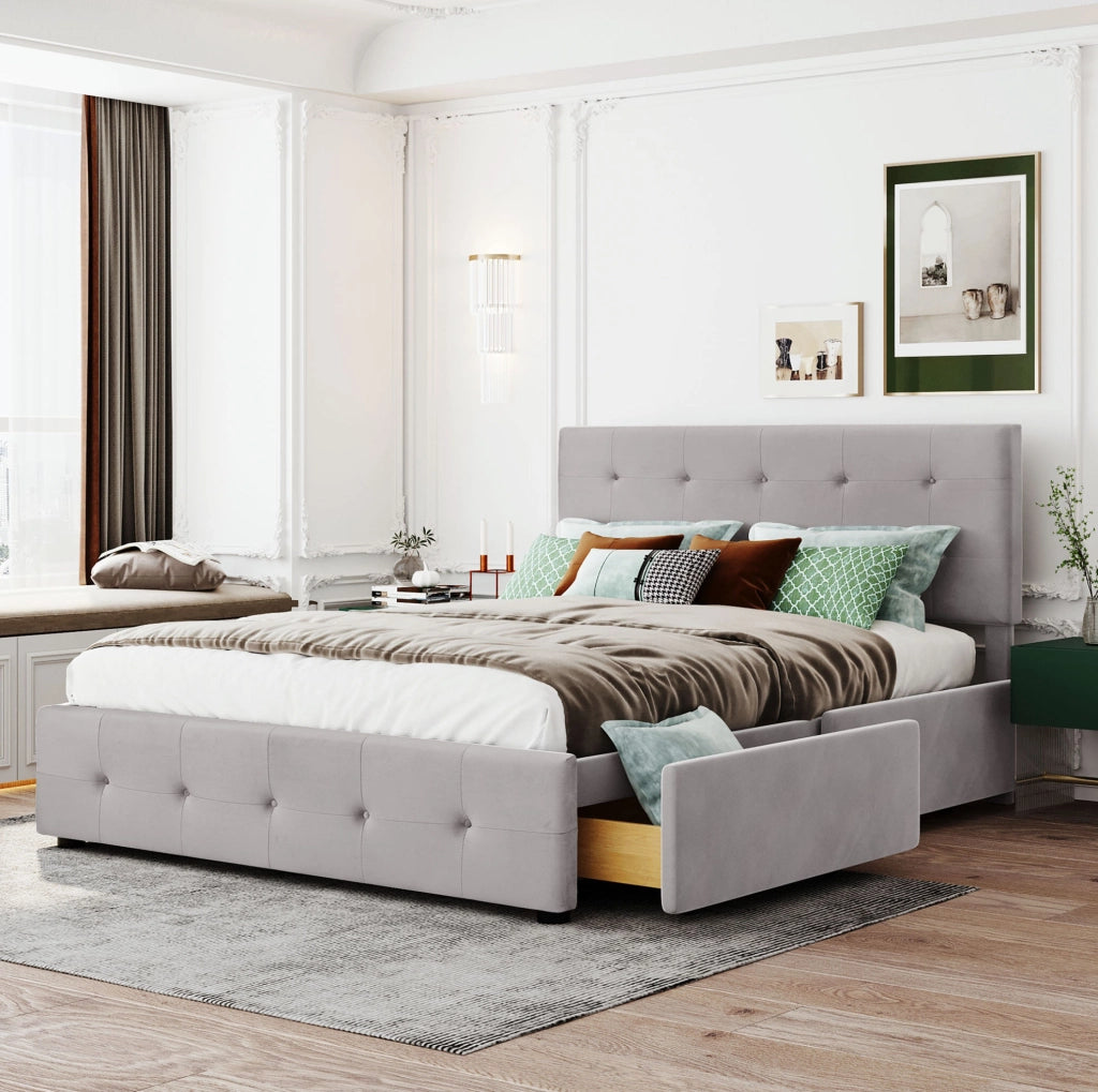 Letto matrimoniale 140x200 cm con 4 cassetti; struttura robusta; velluto imbottito; grigio