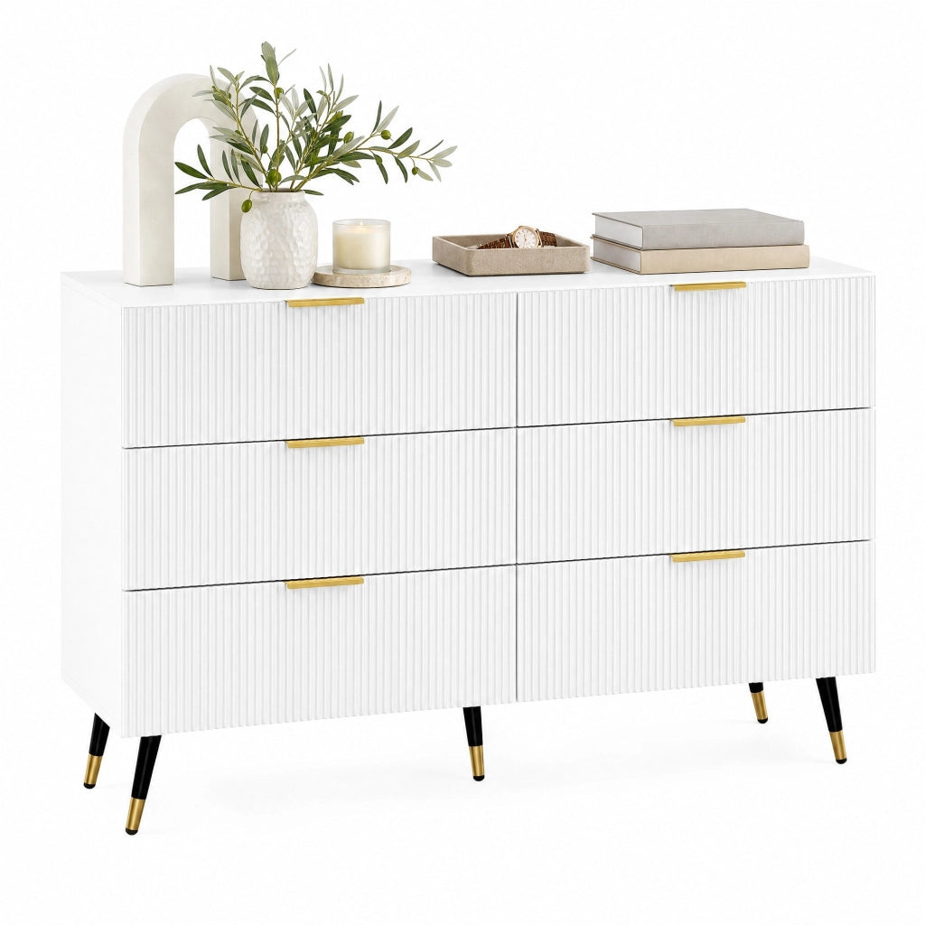 Credenza bianca e oro in legno truciolare 120x77x40 cm con 6 cassetti e gambe alte 15 cm