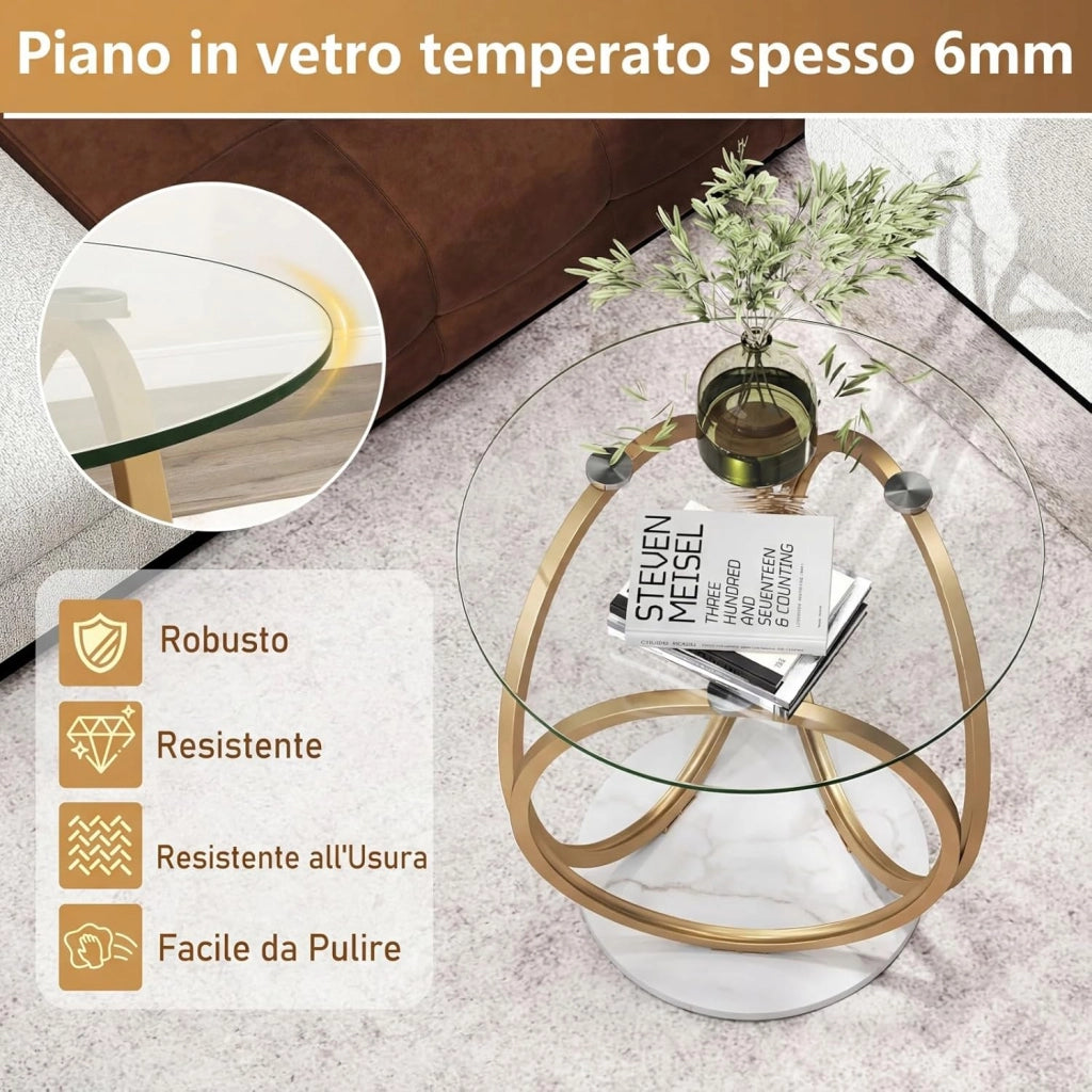 Tavolino da Salotto in Vetro, Tavolino da Caffè Rotondo con Struttura Geometrica ad Anello in Metallo Dorato a Forma di Cerchio, Tavolo Basso per Soggiorno, Ufficio e Studio