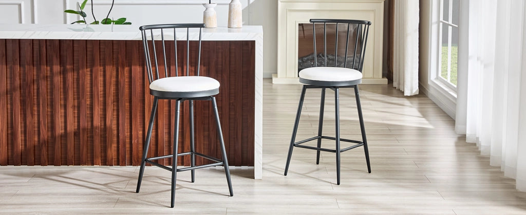 Sgabello da bar in stile Windsor con seduta imbottita e schienale curvo, in metallo e PU bianco 73.0 × 45.5 × 45.0 cm