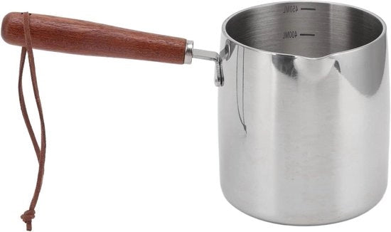 Smaltatrice 450 ml Induttivo 304 Acciaio Inossidabile con Maniglie in Legno Ø 85 cm - Padella Multifunzionale in Acciaio per Cioccolato, Olio, Burro - Padella per Salsa, Padella per Latte, Smaltatrice