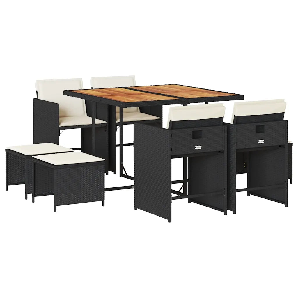 Set da Pranzo da Giardino 9 pz con Cuscini Nero in Polyrattan 3211143