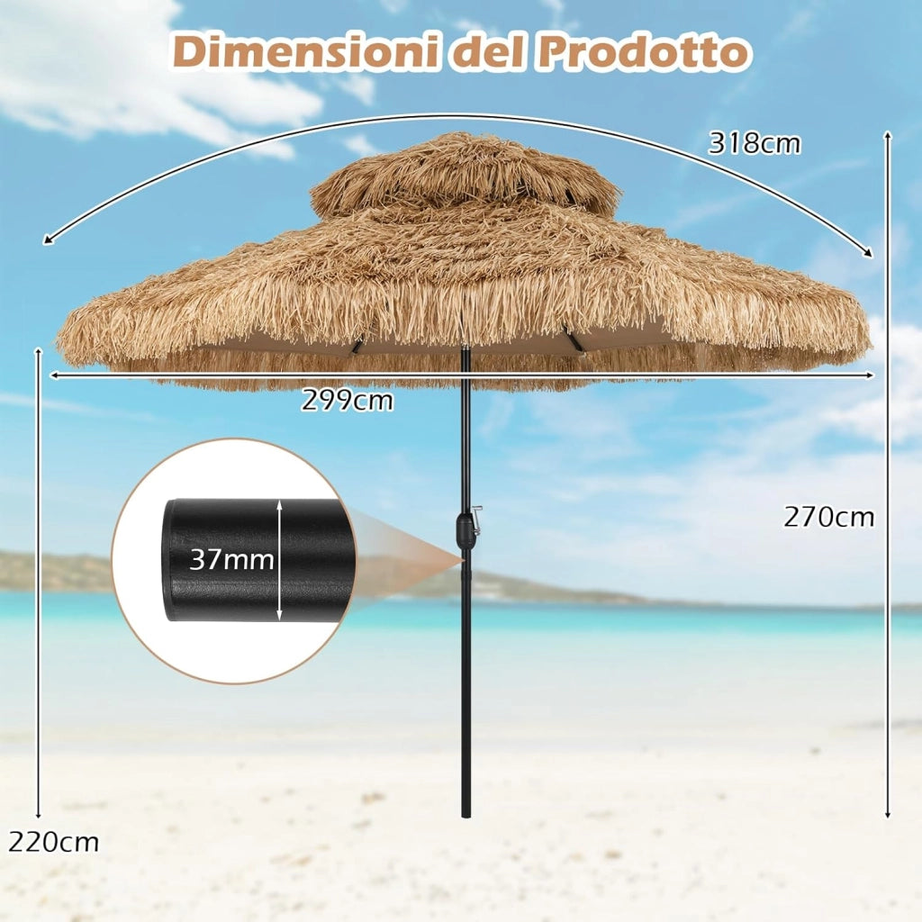 Ombrellone da Spiaggia 300 cm, Ombrellone Hawaiano in Paglia PE con 8 Stecche, Manovella Manuale, Inclinazione Regolabile, Ombrellone Portatile per Spiaggia, Patio