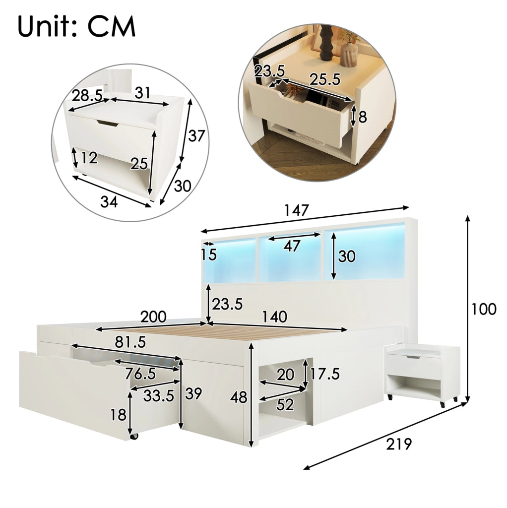 Letto matrimoniale ULEVR 140x200 cm bianco con LED, USB-C, cassetto e 2 comodini mobili
