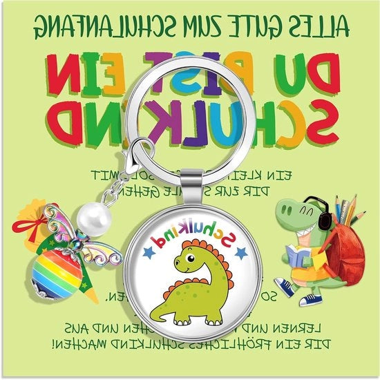 Cadeau prima giornata di scuola per bambini dinosauro protettore portafortuna 2024 - Regali per bambini in età scolare - Chiave con biglietto augurale