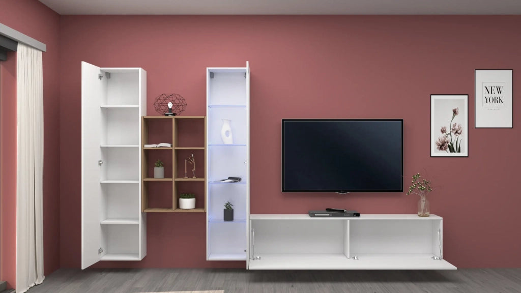 Parete attrezzata soggiorno mobile TV vetrina bianca libreria legno Rold WH