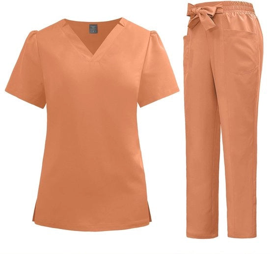 Set di abbigliamento da lavoro con collo V - maniche corte - code laterali dritte - banda decorativa alla vita - 94% poliestere - flessibile - abbigliamento da lavoro