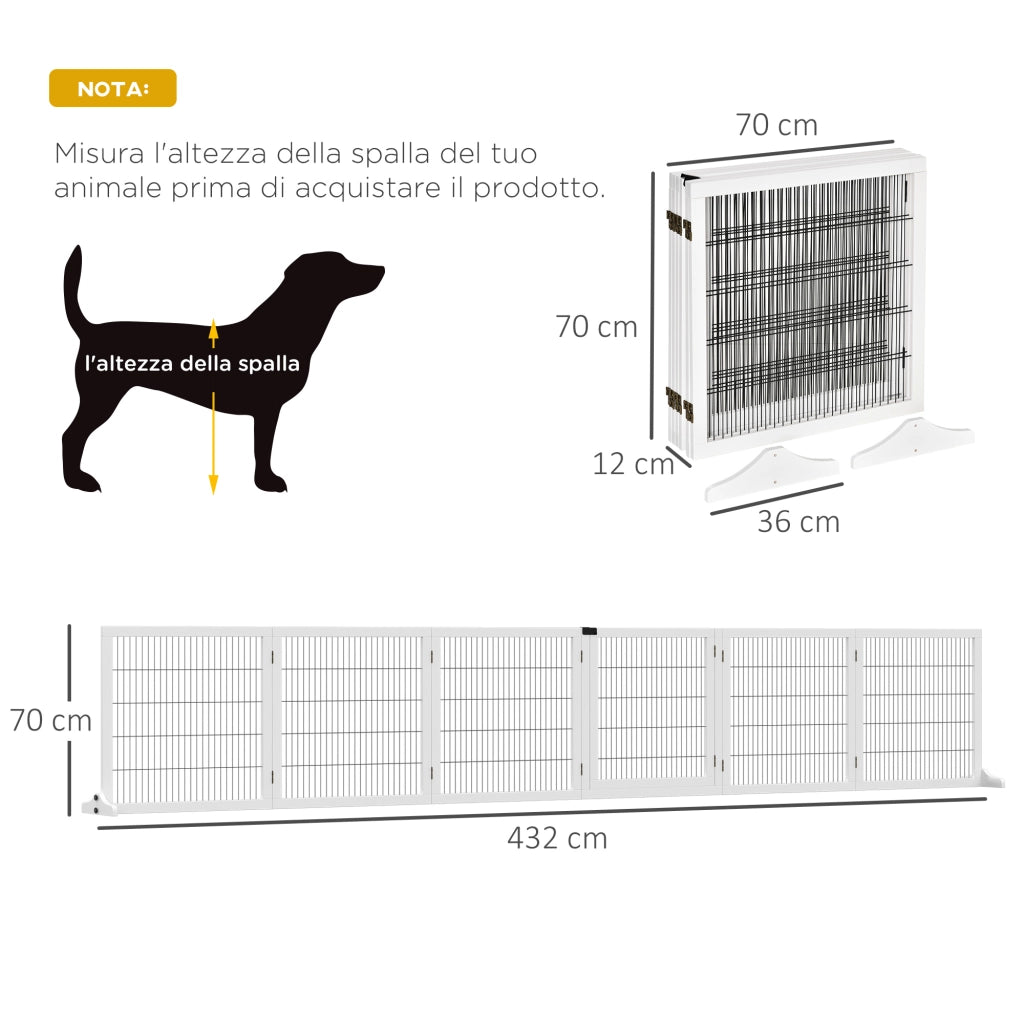 Cancelletto per Cani 6 Pannelli Pieghevoli ¨C Minimal ¨C Legno Acciaio 432x36x70 cm Bianco