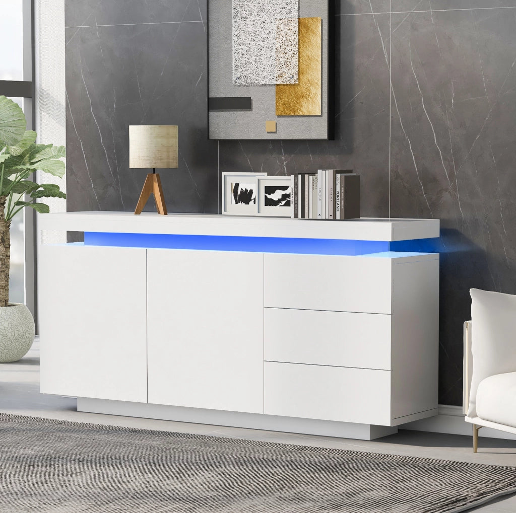 Credenza 140x35x72.5 cm con LED; 2 ante e 3 cassetti; bianco
