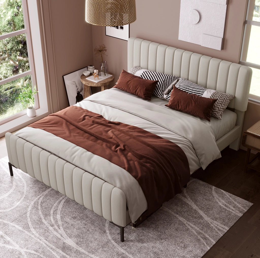 Letto matrimoniale 180x200 cm in lino grigio beige con testiera regolabile e rete a doghe