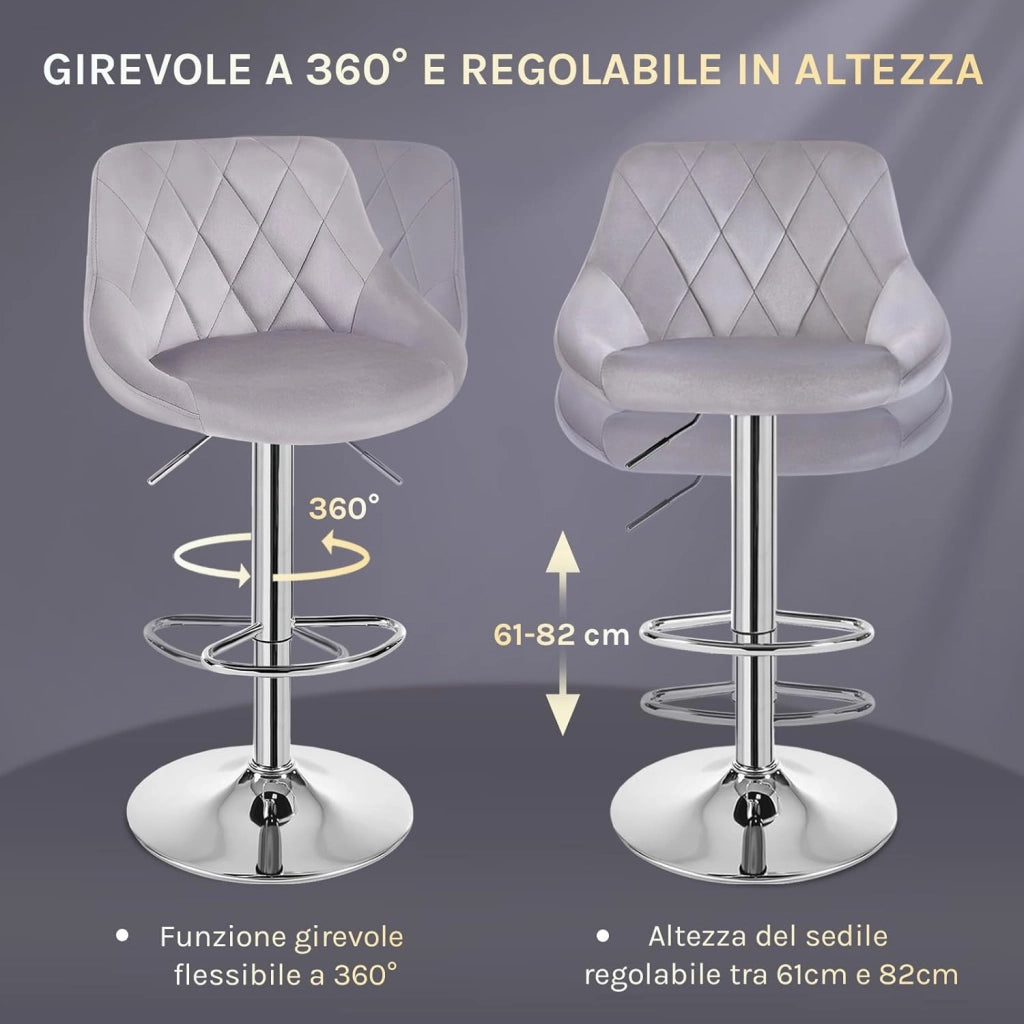 Sgabelli cucina, Sgabelli da Bar Set di 4, Sedia da Bar Girevole Regolabile in Altezza, con Schienale Poggiapiedi, Sgabello in Velluto da Cucina, Grigio chiaro, BH438hgr-4