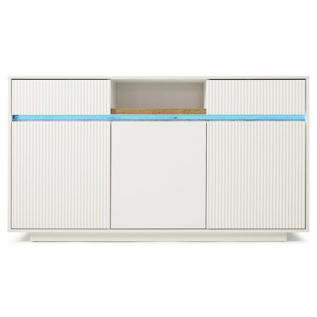 Credenza con 2 cassetti; 3 ante e LED - per soggiorno - in MDF - 140×40×85 cm - bianco