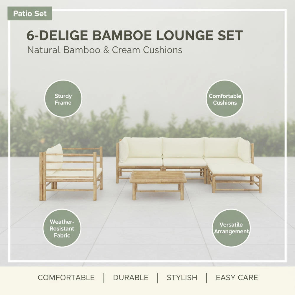 6-piece Garden Lounge Set With Cream-white Bamboo Cushions