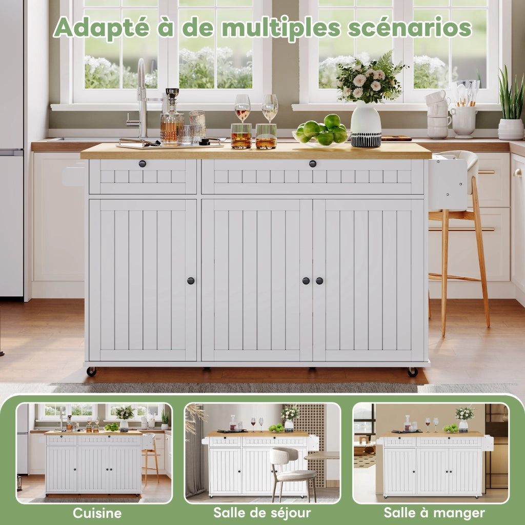 Carrello da Cucina con 2 Cassetti; Piano Ribaltabile; Portasciugamani e Portaspezie; in MDF; 137×45×89;5 cm
