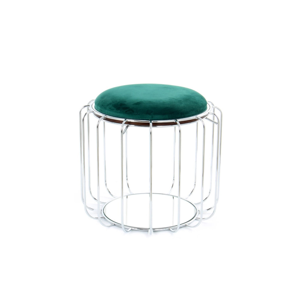 Tavolino e Pouf Comfortable 100 in Velluto Verde Scuro e Argento