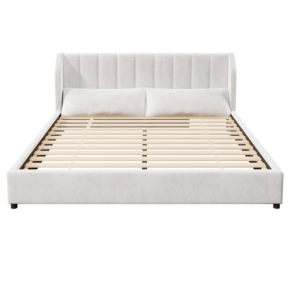 Letto matrimoniale 180 × 200 cm con testiera imbottita e 2 cuscini, senza materasso, in velluto, beige