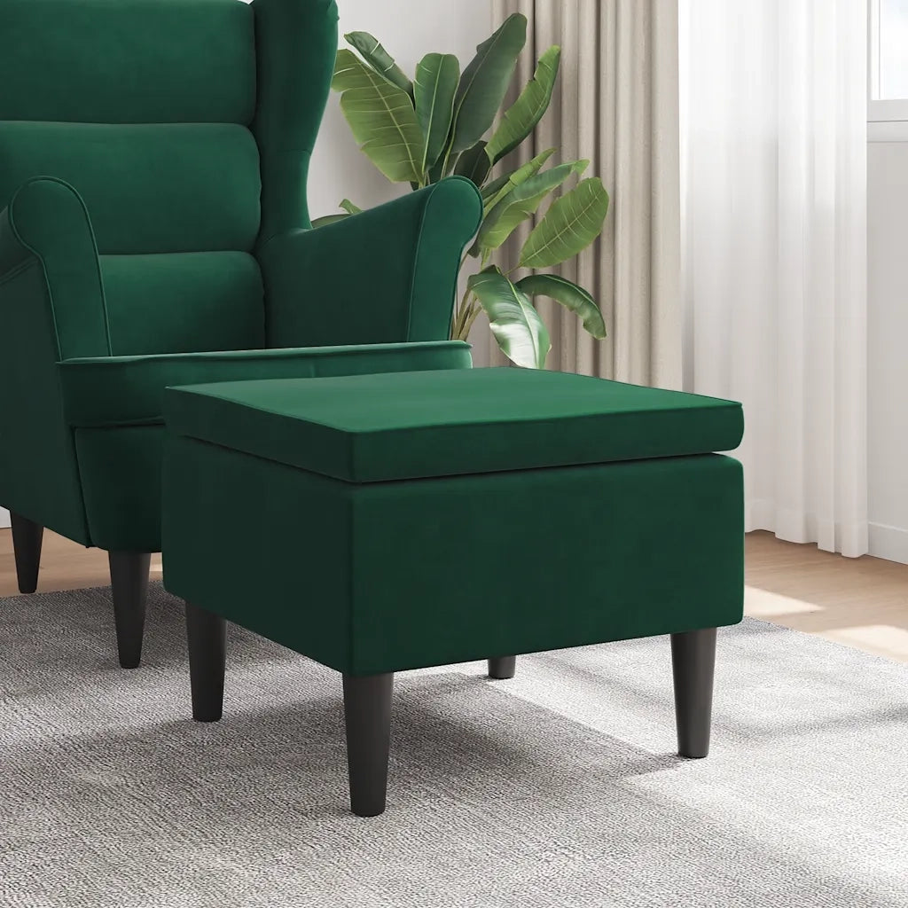 Poggiapiedi con Gambe in Legno Verde Scuro in Velluto