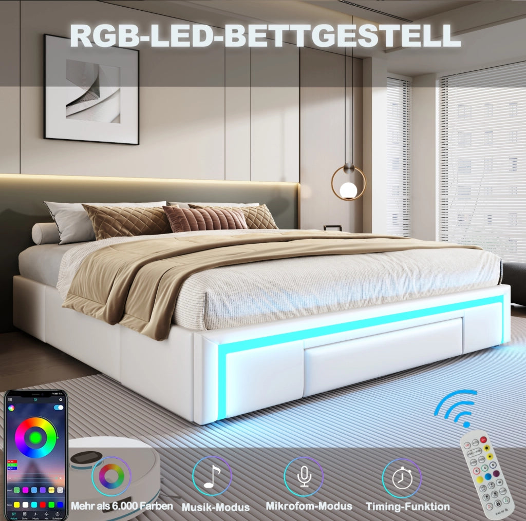 Letto imbottito 90x200 cm in PU bianco senza testiera con cassetti e LED RGB
