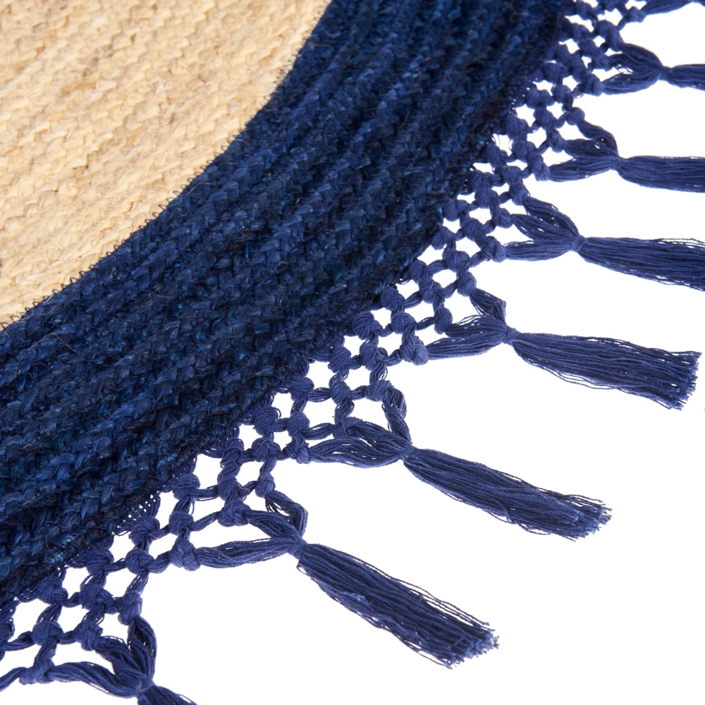 Tappeto Beige e Blu Scuro Rotondo 200 cm Boho Rustico Spirale Intrecciato Fatto a mano Juta Naturale Camera da letto Soggiorno