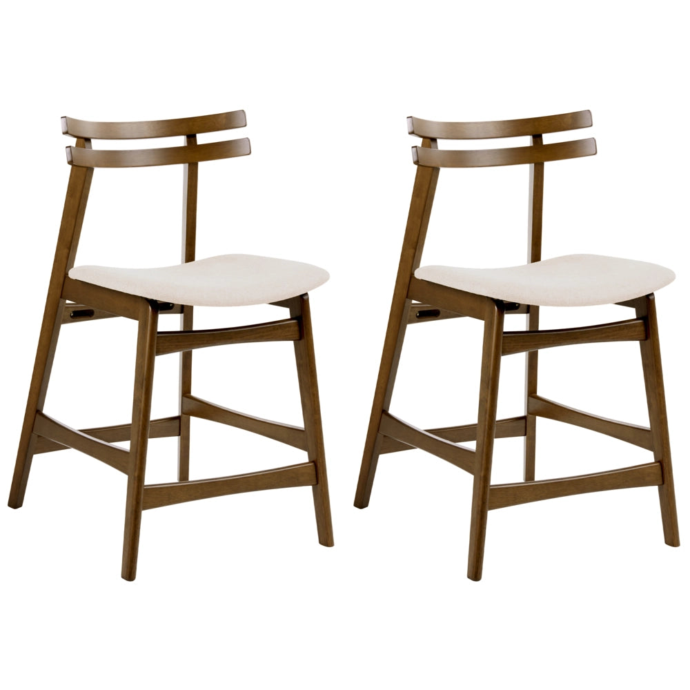 Set di 2 sedie da pranzo in tessuto bianco sporco e struttura in legno marrone senza braccioli con seduta