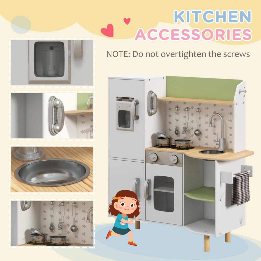 EasyComfort Cucina Giocattolo per Bambini 3-6 Anni con Macchina del Ghiaccio e Utensili, 84x34x89 cm, Bianco e Verde
