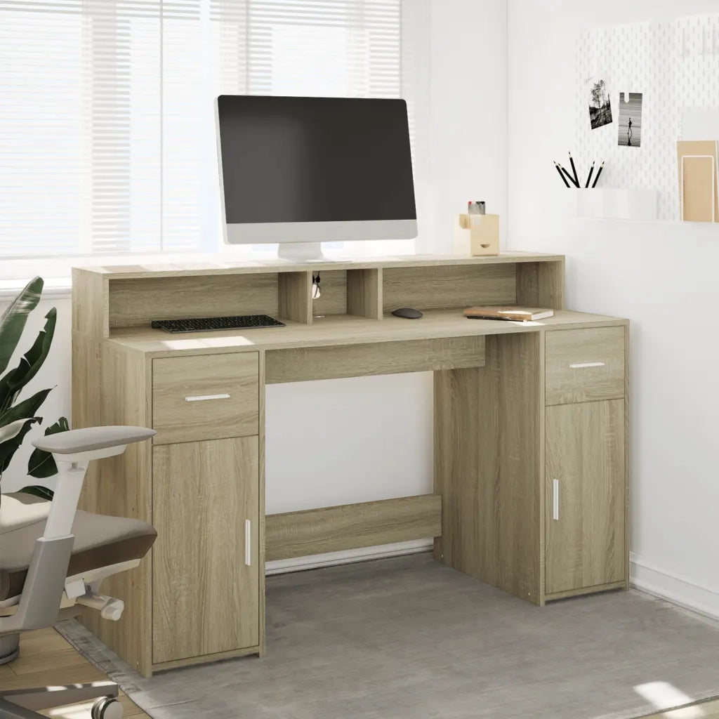 Scrivania | Tavolo da Ufficio con Luci LED Rovere Sonoma 140x55x91cm in Multistrato
