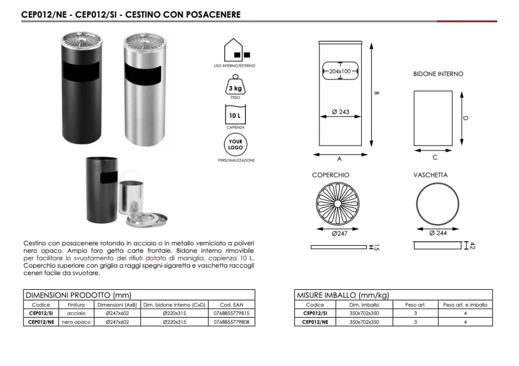 Posacenere con cestino circolare a raggi - Silver