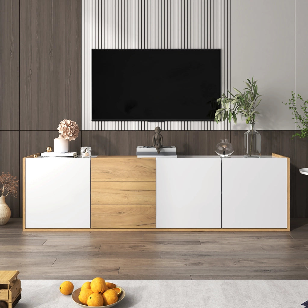 Mobile TV basso bianco e legno, da appendere a muro o appoggiare a terra