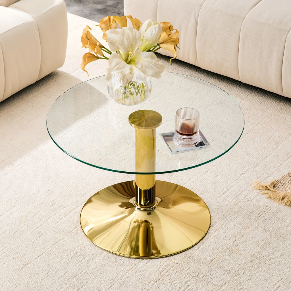 Tavolino basso con piano in vetro temperato e base in metallo, stile moderno, in vetro e metallo, oro, diametro 70 cm
