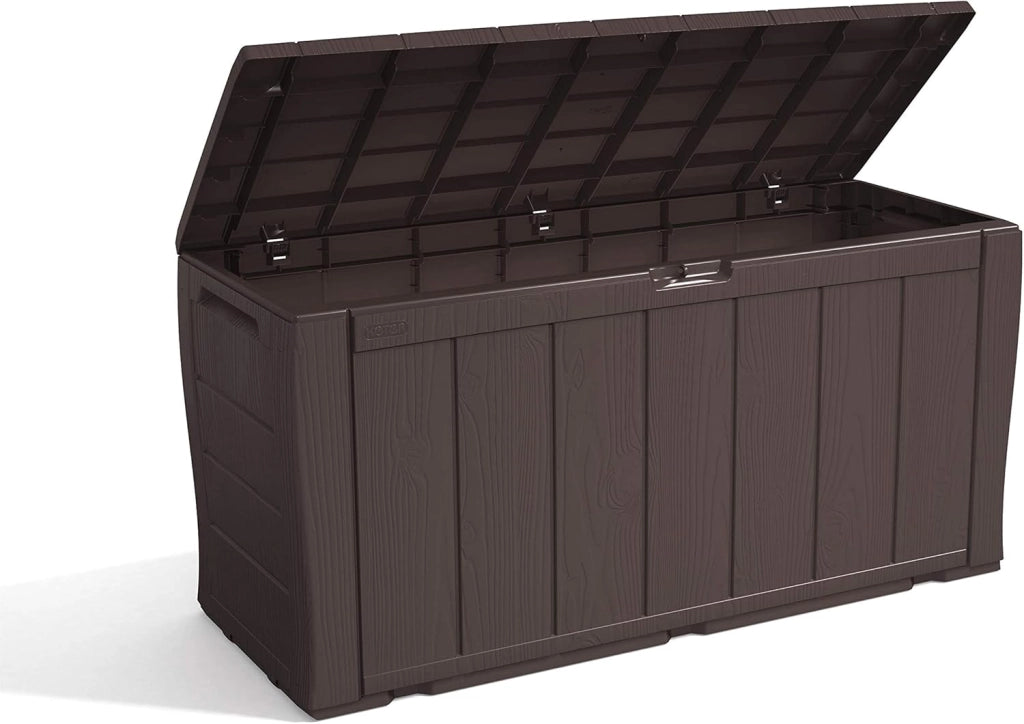 Baule da Giardino in Resina Effetto Legno con Ruote e Chiusura Lucchettabile Colore Marrone Sherwood Keter