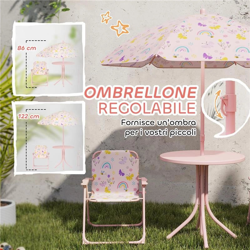 SET DA GIARDINO PER BAMBINI 2-5 ANNI CON TAVOLINO ROTONDO, 2 SEDIE PIEGHEVOLI E UN OMBRELLONE, ROSA