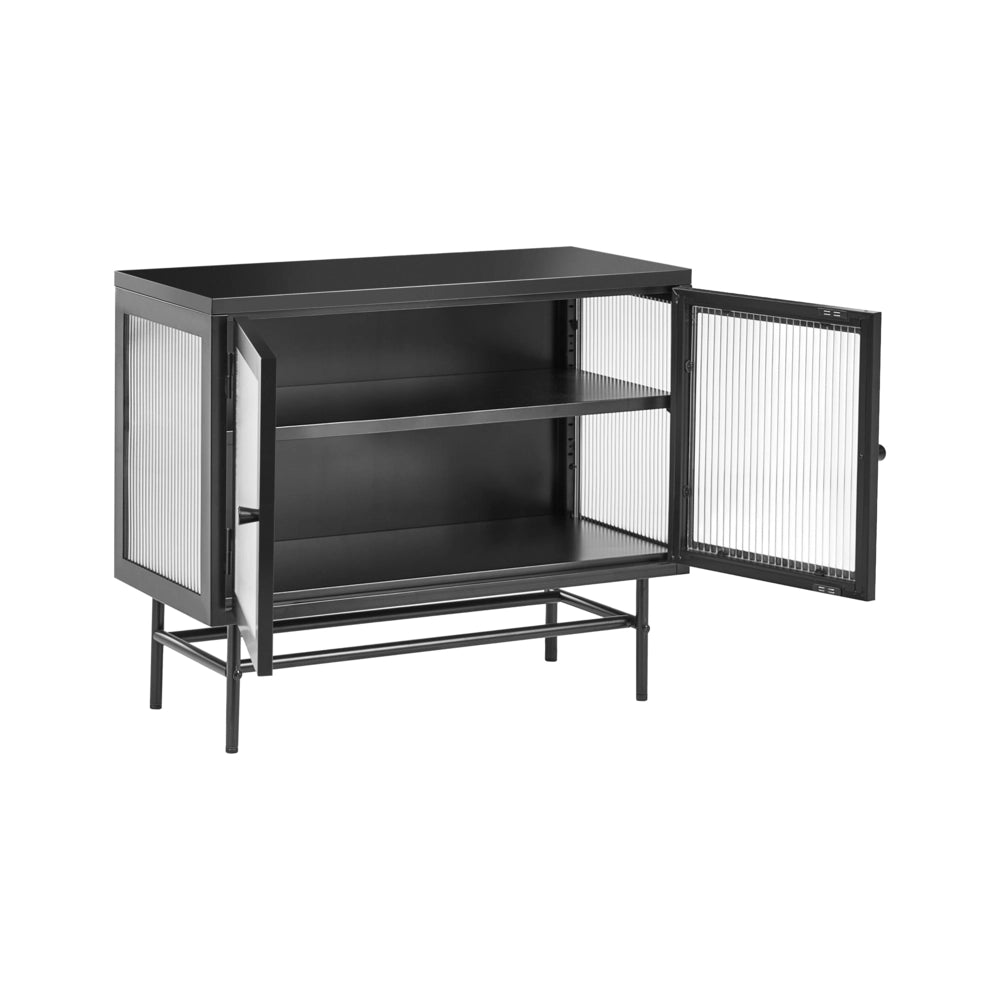 Credenza in acciaio con vetro scanalato, 2 ante, ripiani regolabili nera ripiani regolabili design moderno e industriale