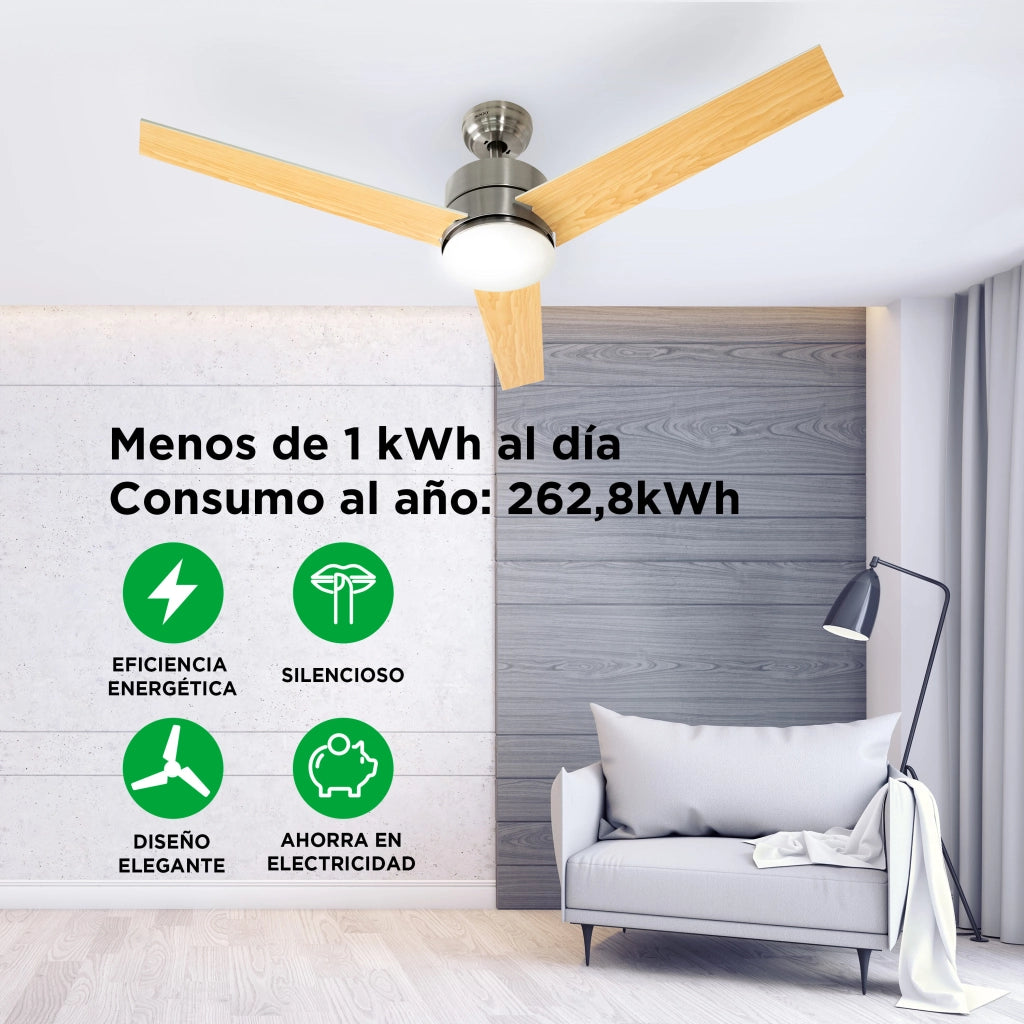 Ventilatore a soffitto 132cm con luce LED, 3 velocità, pale legno naturale, motore rame 85W silenzioso, telecomando - SOGO