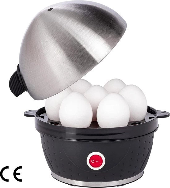 Elettrodomestico in Acciaio Inox per Cuocere Uova da 1 a 7 Unità - Cottura in Acciaio Inox con Sicurezza Antiscottatura, Segnalazione Acustica e Strumento per Prick.