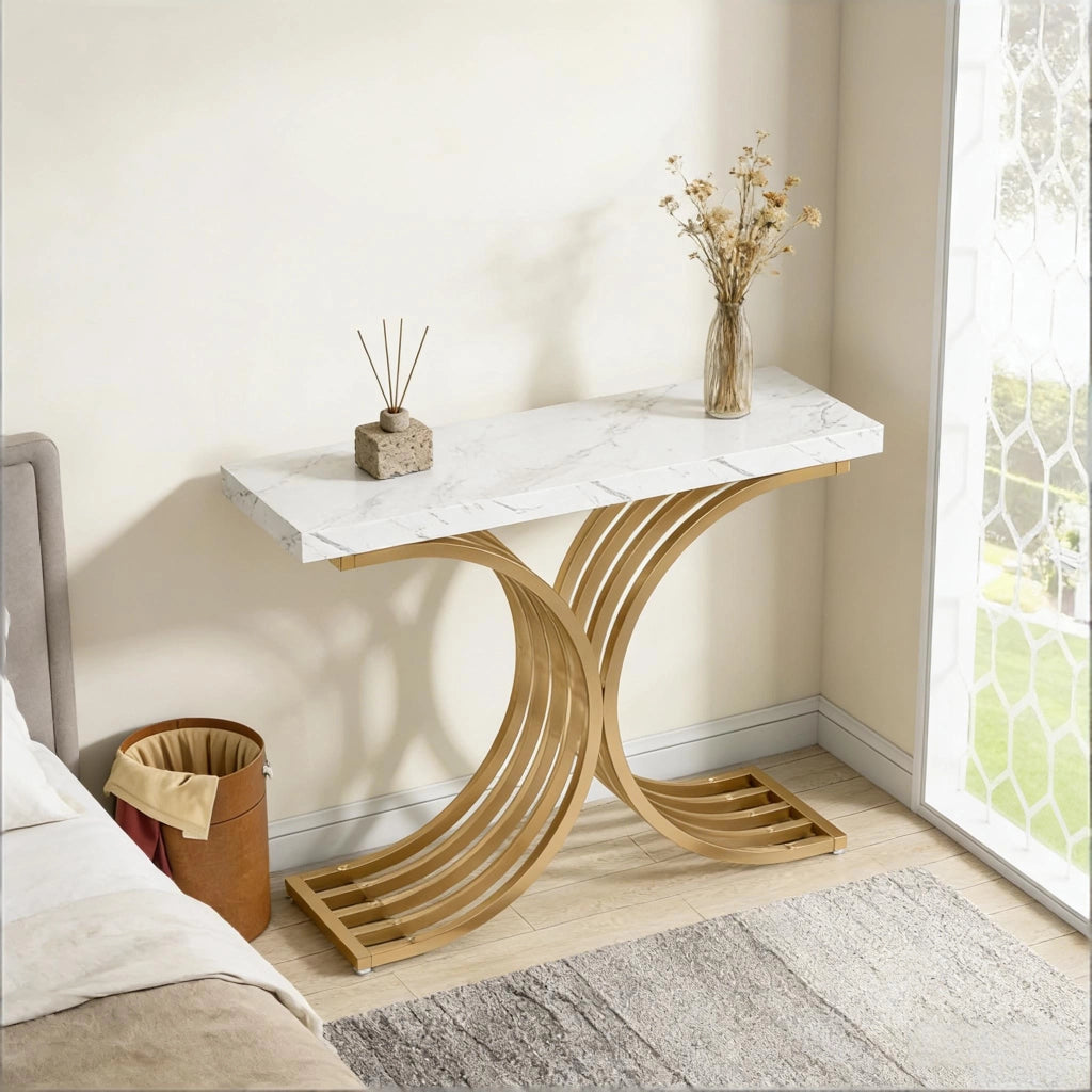 Consolle con piano effetto marmo e struttura in metallo dorato per ingresso e soggiorno bianco e oro 100 × 30 × 80 cm