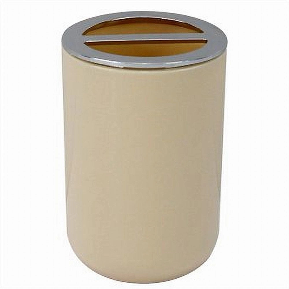 Trade Shop - Porta Spazzolini Bicchiere Accessori Bagno 2 Fori Beige Silver Contenitore 79881 -