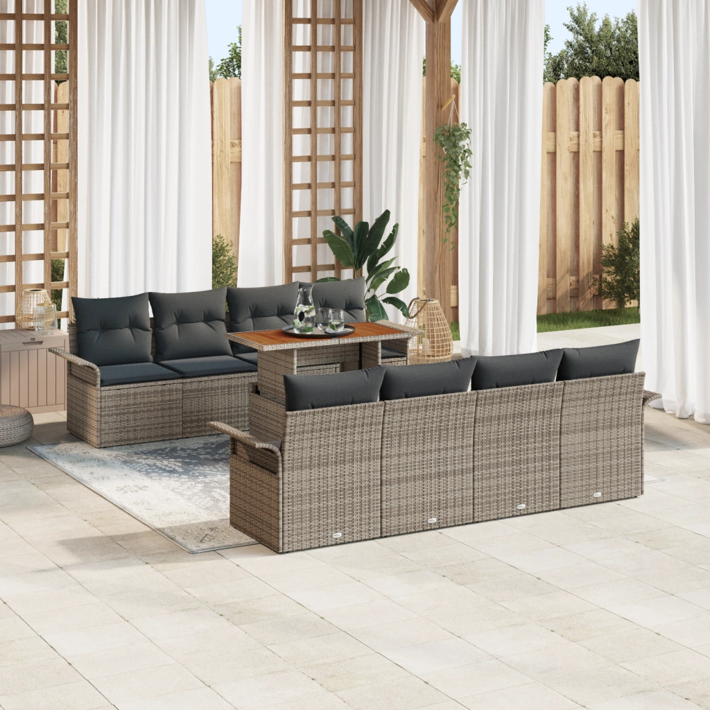 Set di Divani da Giardino da 9 Pezzi con Cuscini Rattan Poliestere Grigio