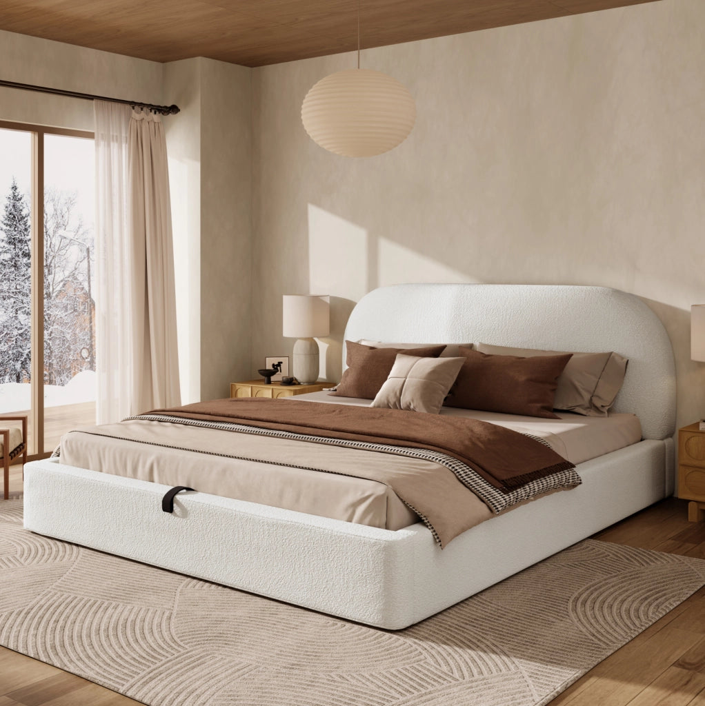 Letto imbottito con contenitore idraulico in bouclé beige